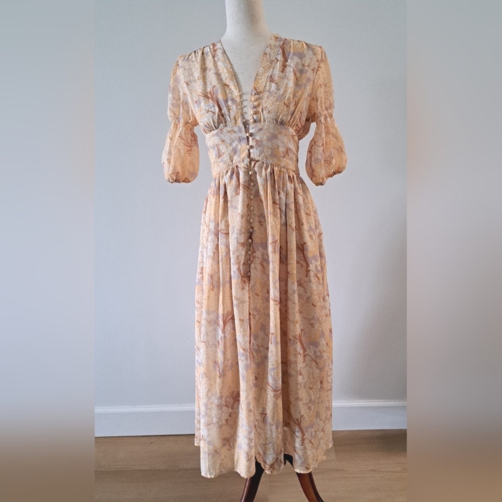 NWT JardinVue Puff‎ Half Sleeve Dress Buttons V Neck Lined Feminine Yellow Sz S